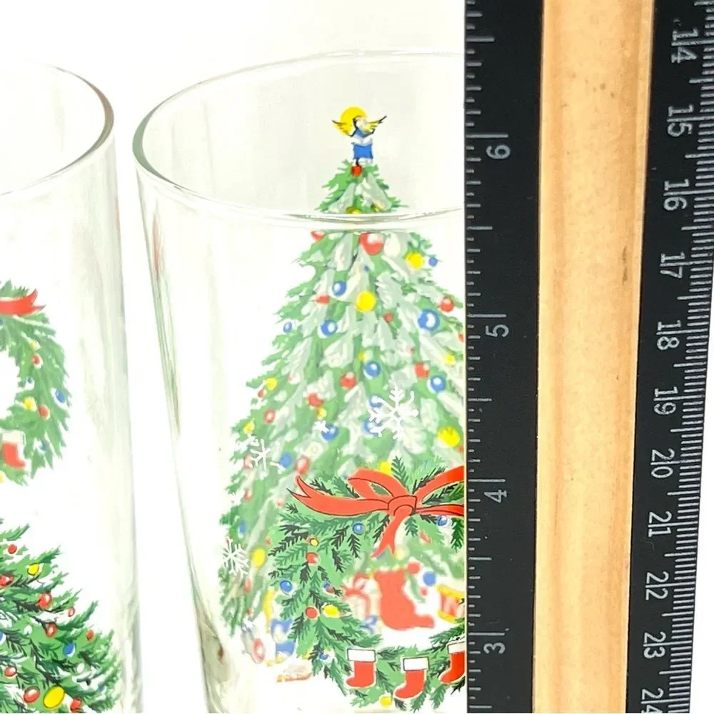 Vintage Christmas Tree & Wreath Noel Old Fashioned‎ Tall Water Tumblers Glasses